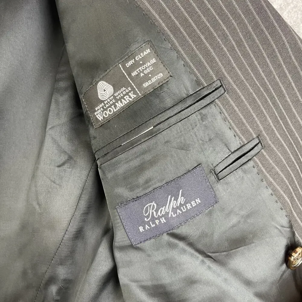 Ralph Lauren Blazer Sport Coat Mens 44L Dark‎ Gray Striped Double Breasted Peak